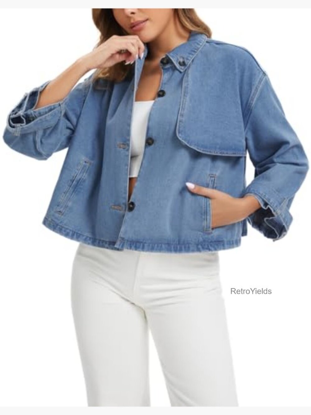 Vintage Denim Jacket - Button Down Long Sleeve Trench Coat with Pockets - Picture 3 of 7